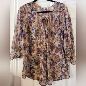 Daniel Rainn Beige Paisley Tie-Neck Tunic with Purple and Blue Accents
